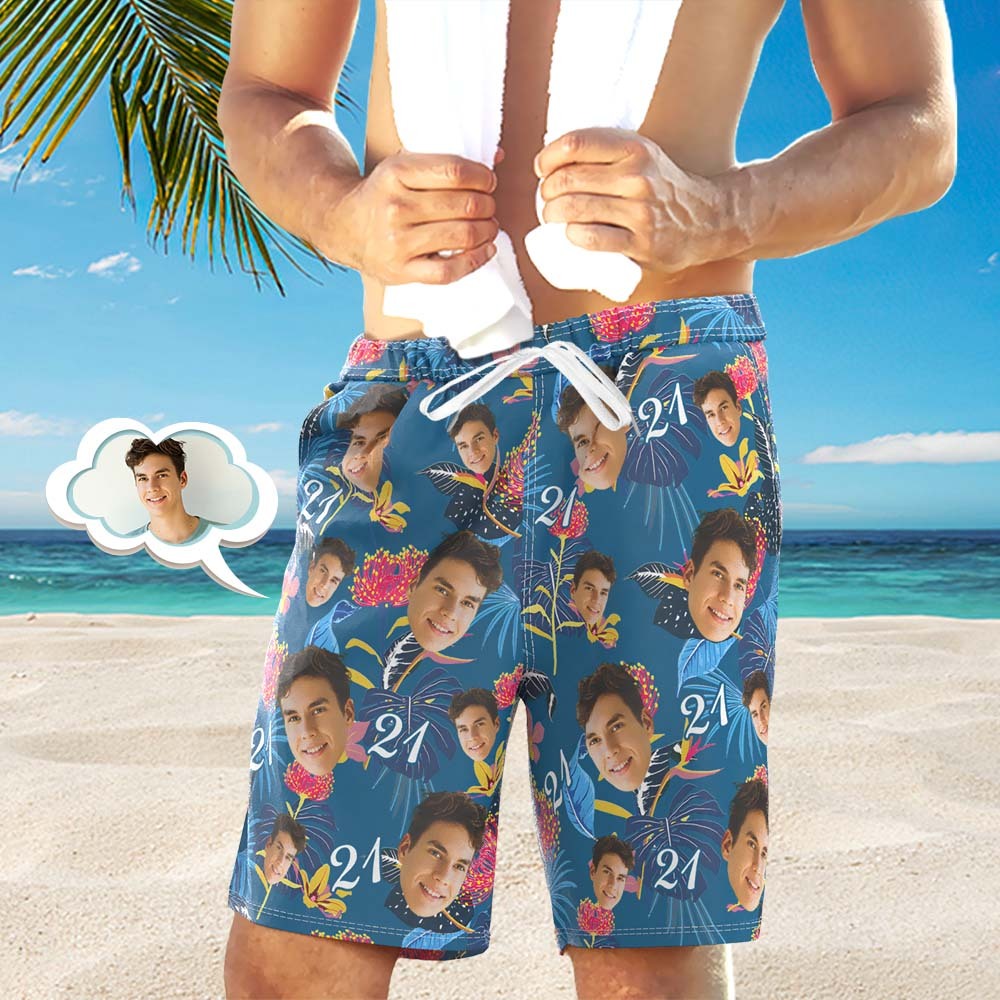 Custom Face Beach Shorts Number And Face Beach Shorts Dark Blue Sleeves And Pink Flowers