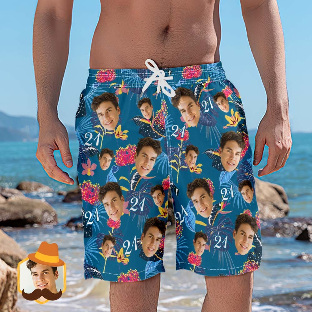 Custom Face Beach Shorts Number And Face Beach Shorts Dark Blue Sleeves And Pink Flowers