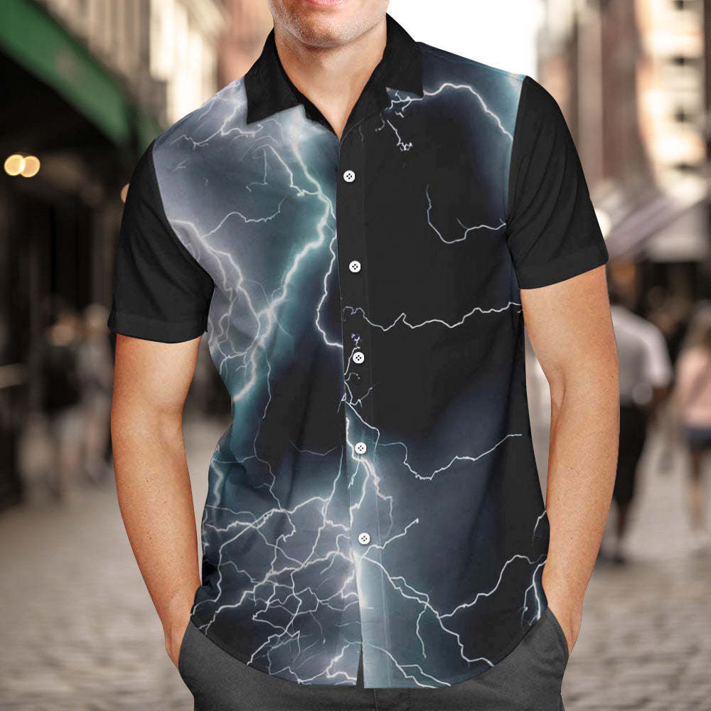 Custom Photo and Text Hawaiian Shirts Personalized Photo Gift Men's Vintage Personality Lightning Shirts - MyFaceSwimsuit