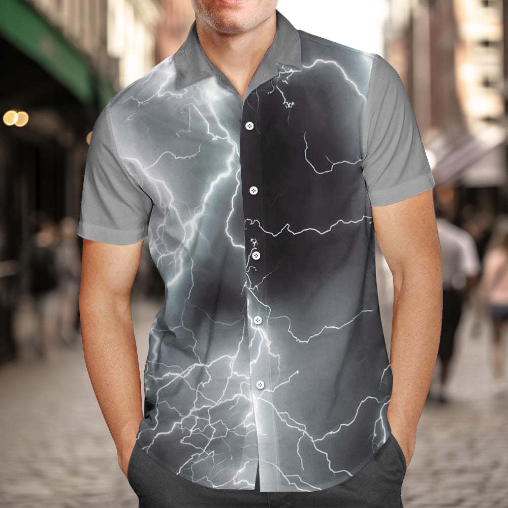 Custom Photo and Text Hawaiian Shirts Personalized Photo Gift Men's Vintage Personality Lightning Shirts - MyFaceSwimsuit