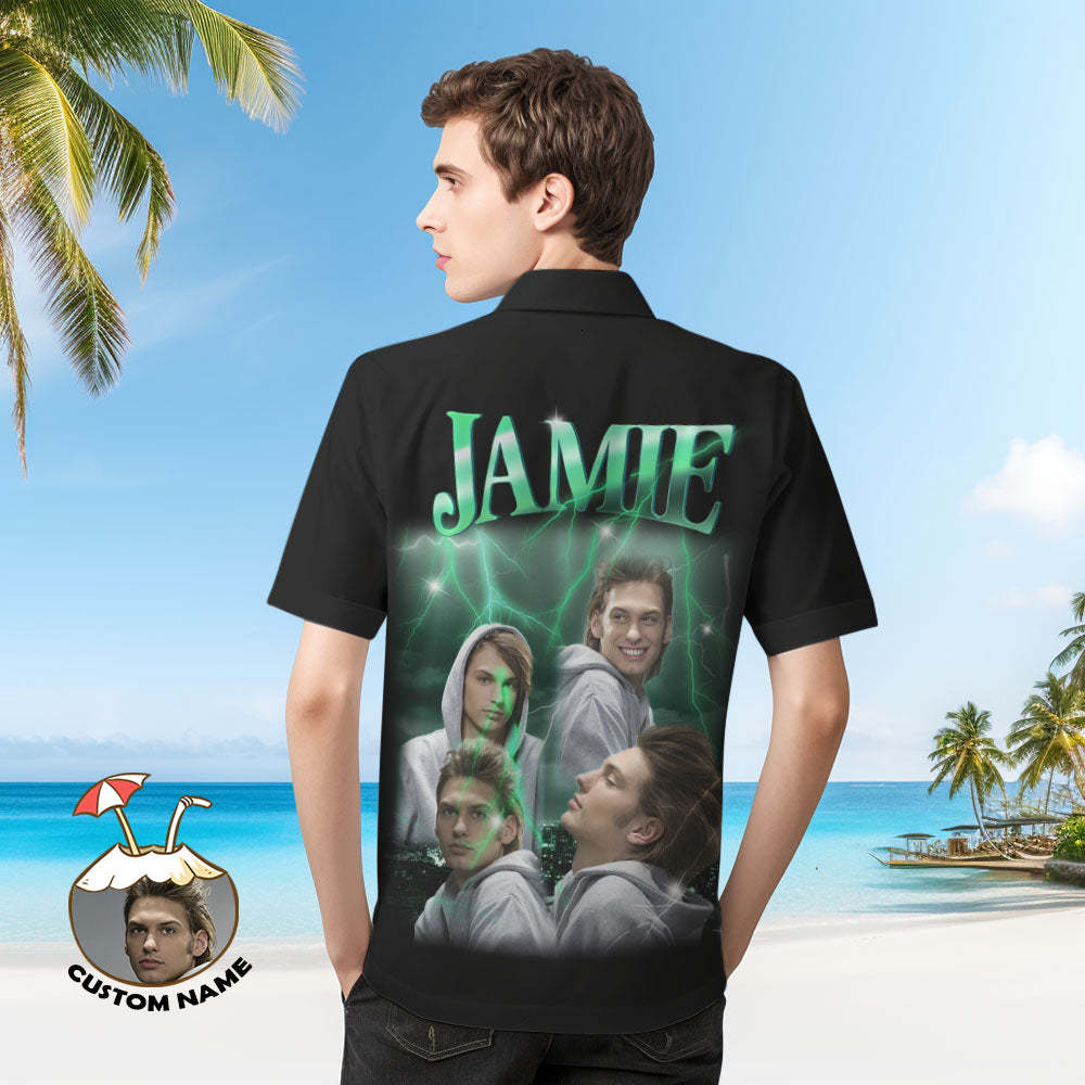 Custom Photo and Text Hawaiian Shirts Personalized Photo Gift Men's Vintage Personality Lightning Shirts - MyFaceSwimsuit
