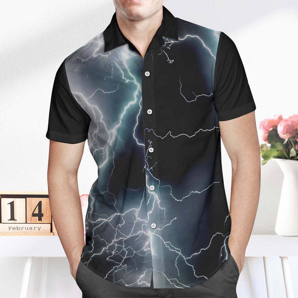 Custom Photo and Text Hawaiian Shirts Personalized Photo Gift Men's Vintage Personality Lightning Shirts Valentines Day Gift - MyFaceSwimsuit