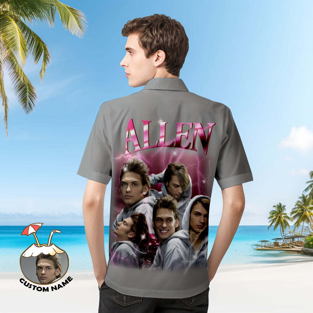 Custom Photo and Text Hawaiian Shirts Personalized Photo Gift Men's Vintage Personality Lightning Shirts - MyFaceSwimsuit