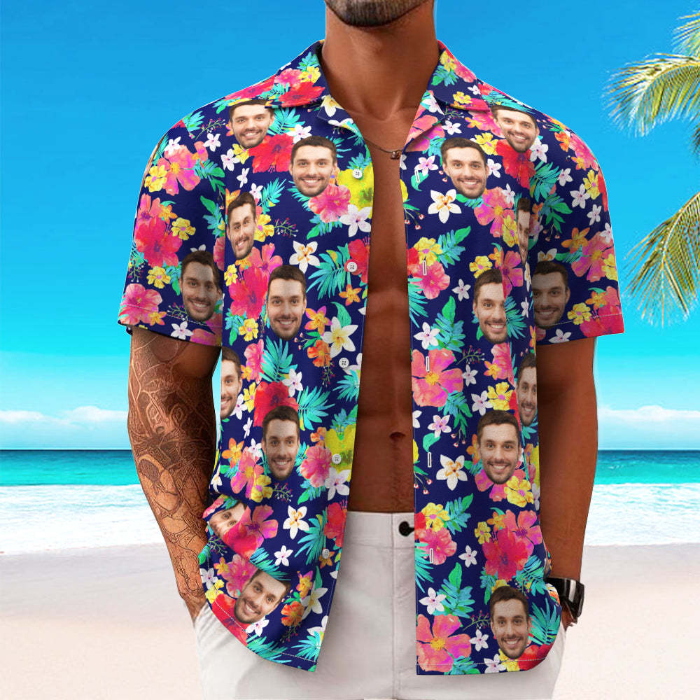 Custom Hawaiian Shirt for Men Personalized Short Sleeves Shirt with Picture Face Photo Printed Hawaii Shirt Colorful Flower - MyFaceSwimsuit