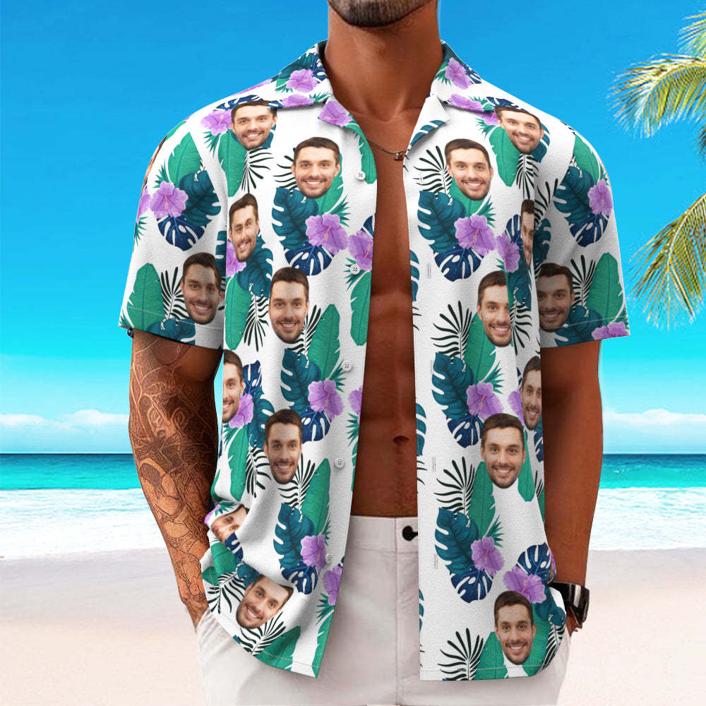 Custom Hawaiian Shirt for Men Personalized Short Sleeves Shirt with Picture Face Photo Printed Hawaii Shirt Green Flower - MyFaceSwimsuit
