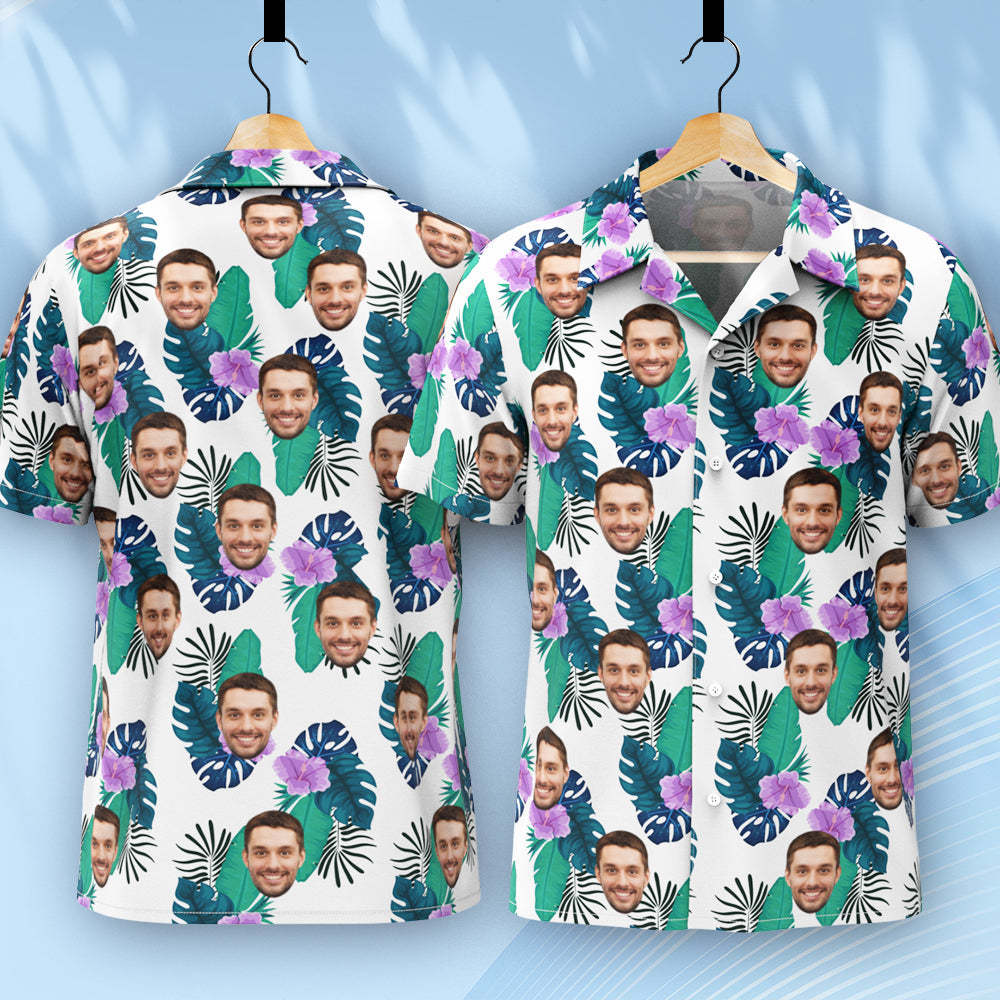 Custom Hawaiian Shirt for Men Personalized Short Sleeves Shirt with Picture Face Photo Printed Hawaii Shirt Green Flower - MyFaceSwimsuit