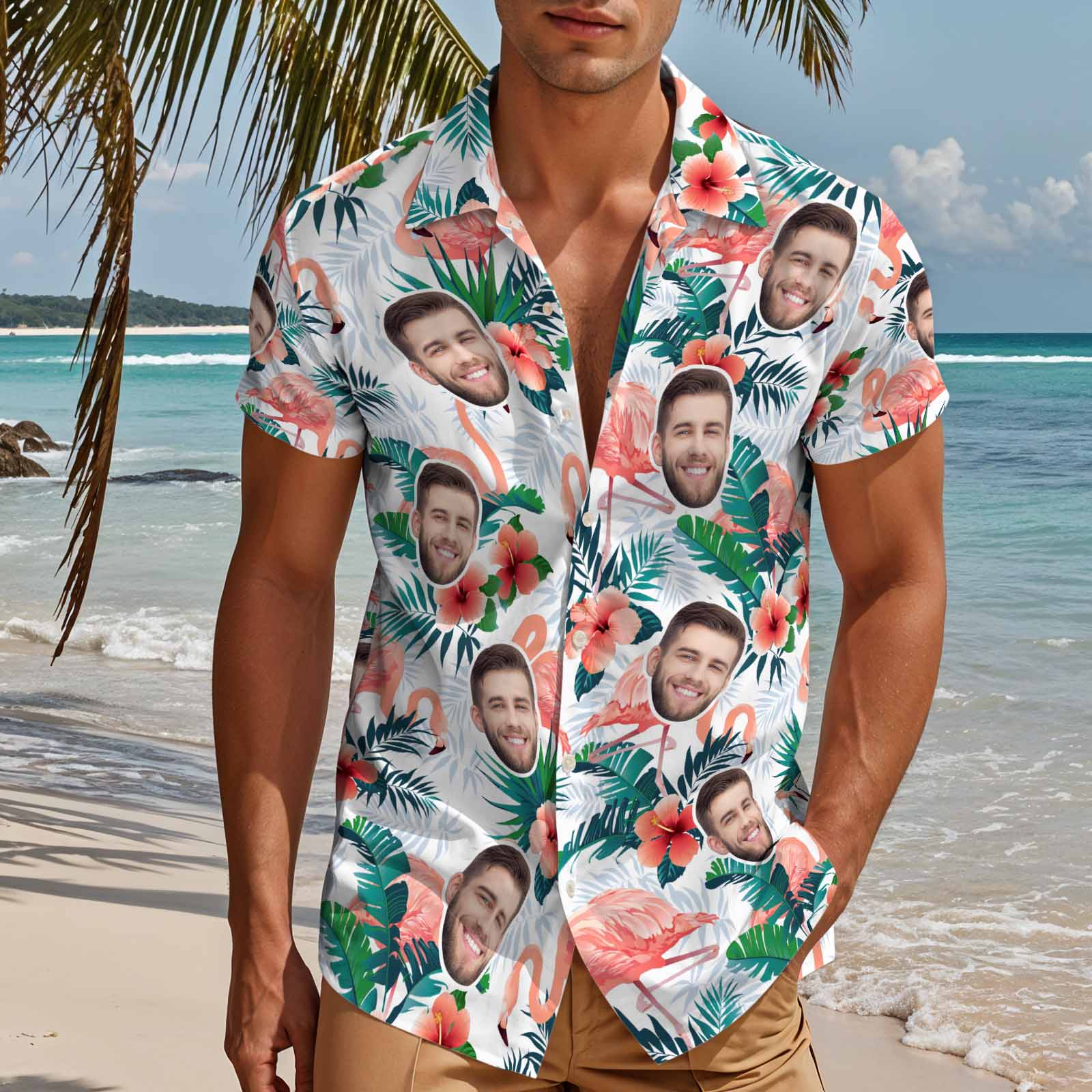 Custom Face Hawaiian Shirts Flamingo Men Aloha Shirt - White
