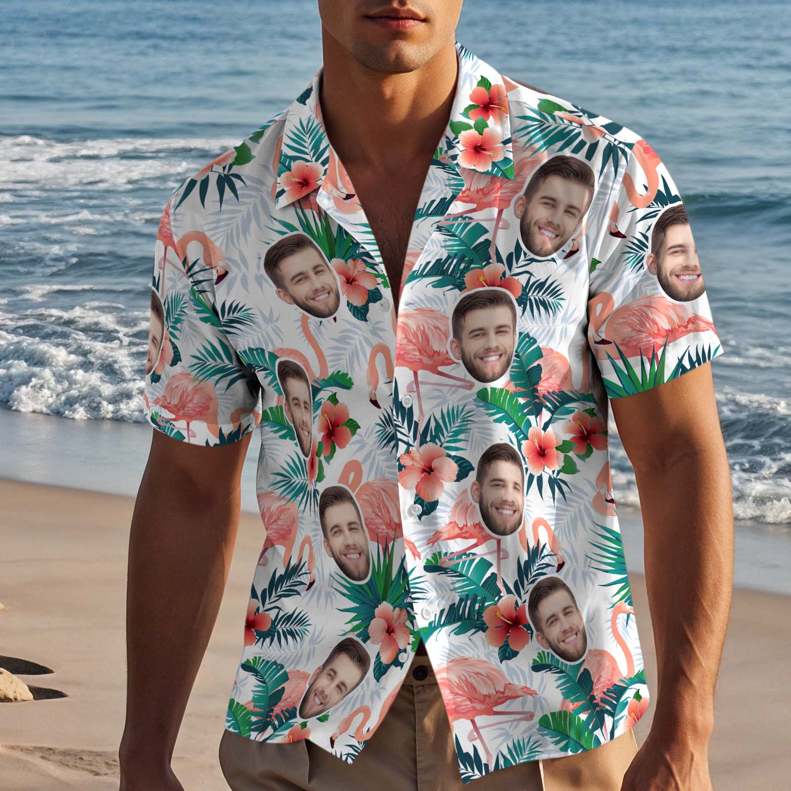 Custom Face Hawaiian Shirts Flamingo Men Aloha Shirt - White