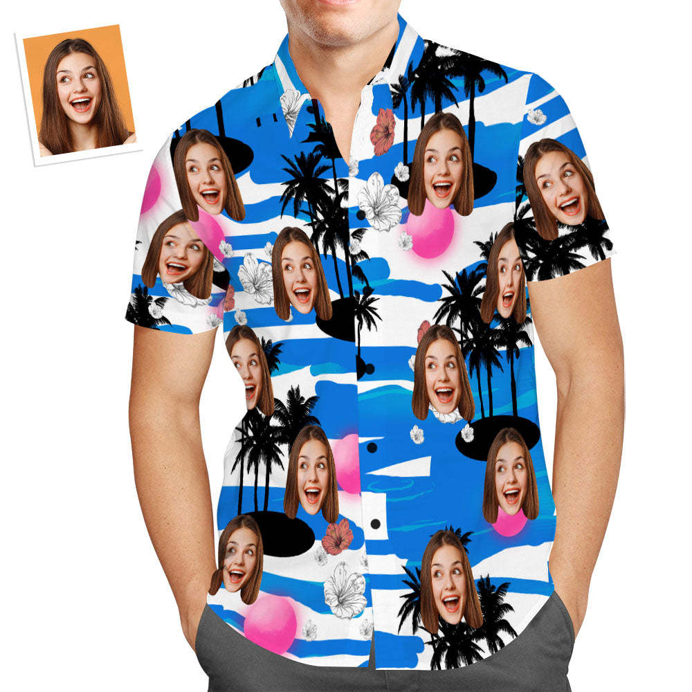 Custom Face Hawaiian Shirt Coconut Tree Blue Beach Shirt Holiday Gift for Men - MyFaceSwimsuit