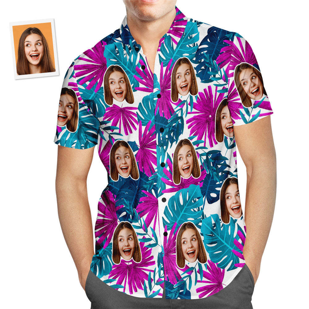 Custom Face Hawaiian Shirt Flower Leaf Men's Popular All Over Print Hawaiian Beach Shirt Holiday Gift - MyFaceSwimsuit