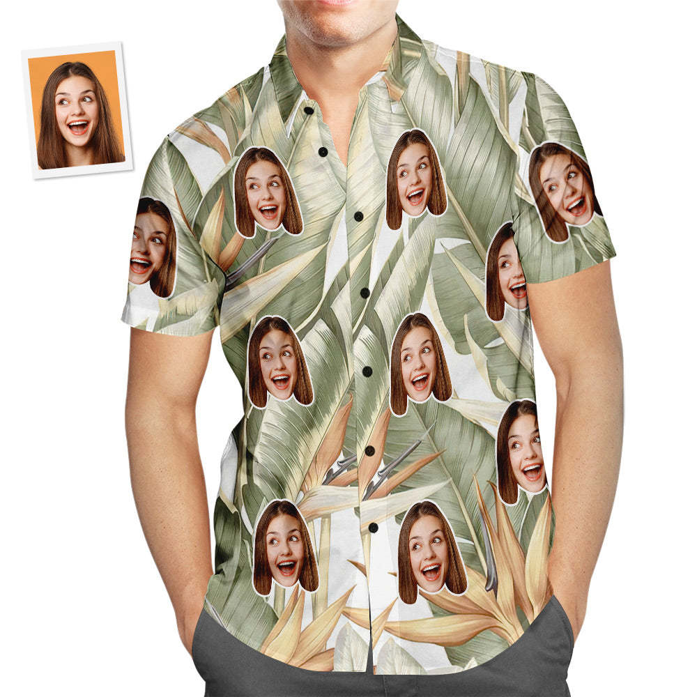 Custom Face Hawaiian Shirt Green Plants Men's Popular All Over Print Hawaiian Beach Shirt Holiday Gift - MyFaceSwimsuit