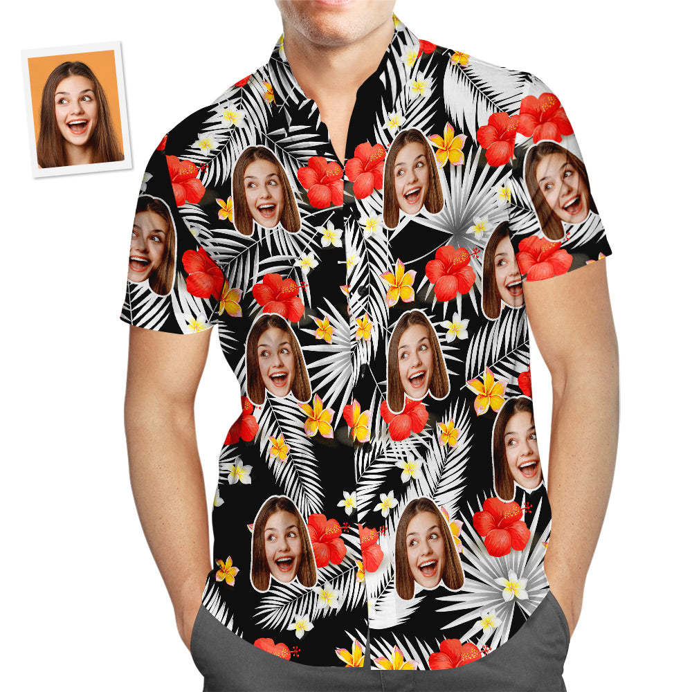 Custom Face Hawaiian Shirt Red Flower Men's Popular All Over Print Hawaiian Beach Shirt Holiday Gift - MyFaceSwimsuit