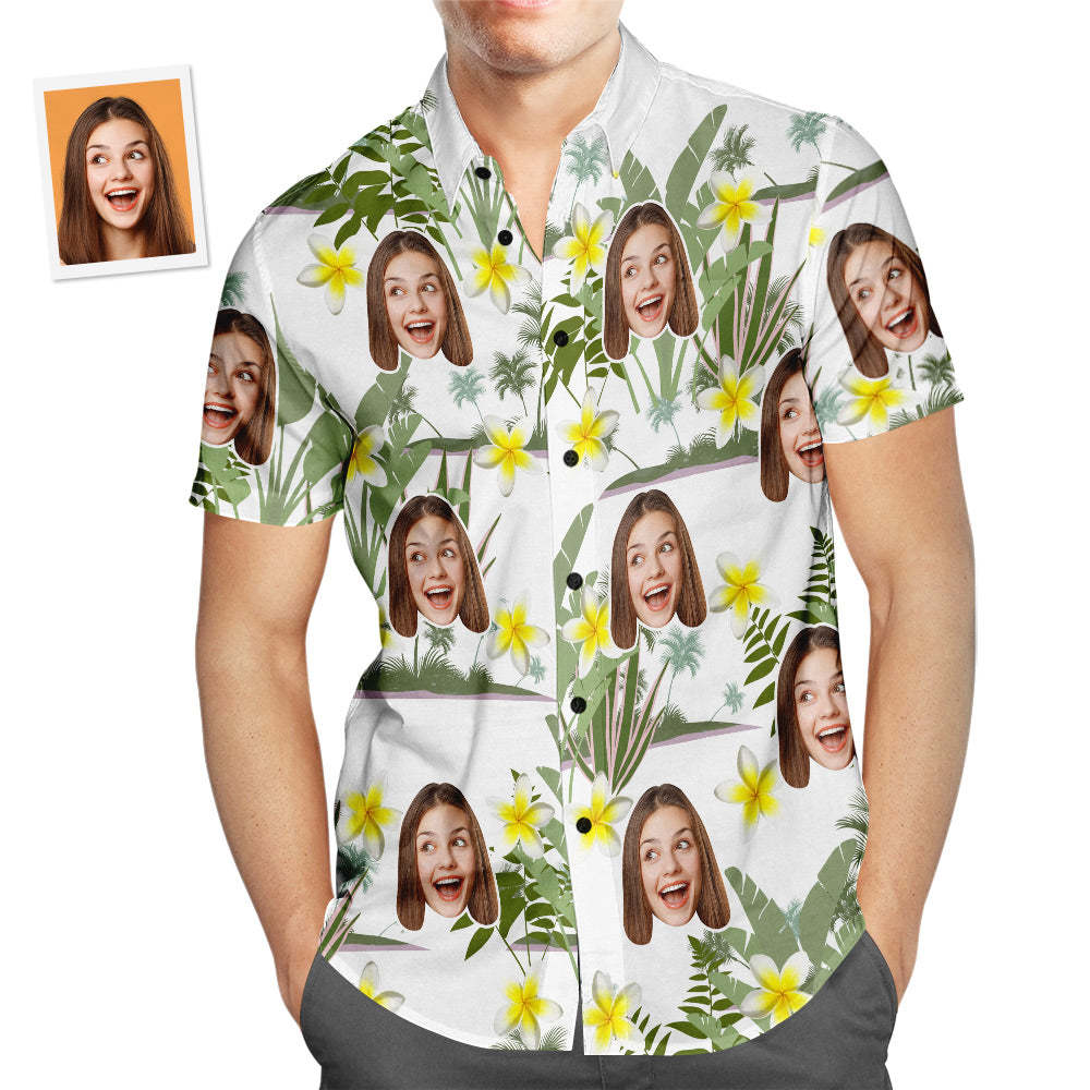 Custom Face Hawaiian Shirt Yellow Flower Men's Popular All Over Print Hawaiian Beach Shirt Holiday Gift - MyFaceSwimsuit