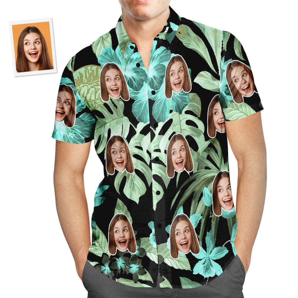 Custom Face Hawaiian Shirt Blue Flower Men's Popular All Over Print Hawaiian Beach Shirt Holiday Gift - MyFaceSwimsuit