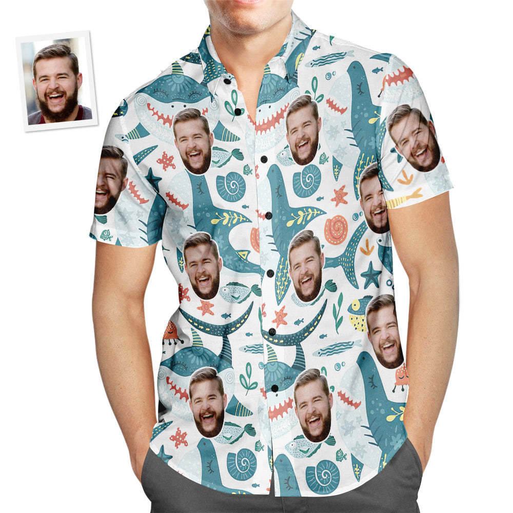 Custom Face Hawaiian Shirt Funny Shark Men's Popular All Over Print Sea Animals Hawaiian Beach Shirt Holiday Gift - MyFaceSwimsuit