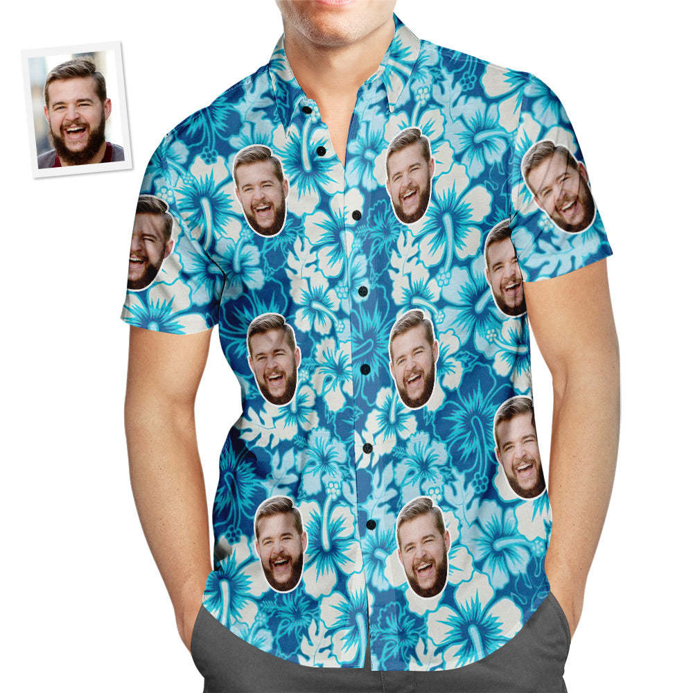 Custom Face Hawaiian Shirt Blue Hibiscus Flowers Men's Popular All Over Print Hawaiian Beach Shirt Holiday Gift - MyFaceSwimsuit