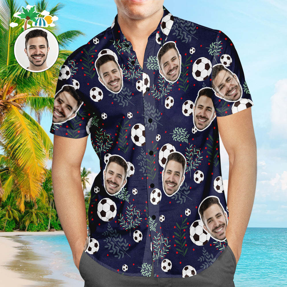 Custom Face Soccer Pattern Hawaiian Shirt Green Plants Beach Shirt for Soccer Lovers - MyFaceSwimsuit