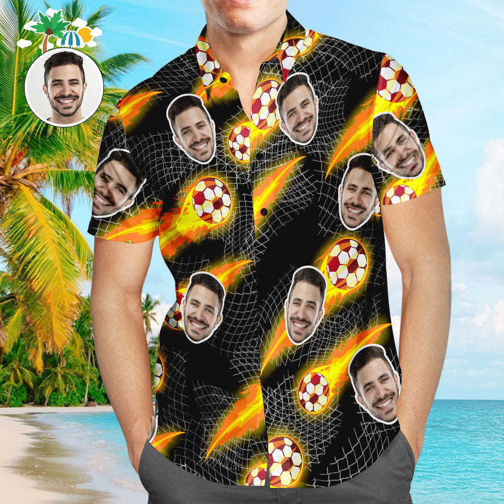 Custom Face Soccer Pattern Hawaiian Shirt Black Beach Shirt for Soccer Lovers - MyFaceSwimsuit