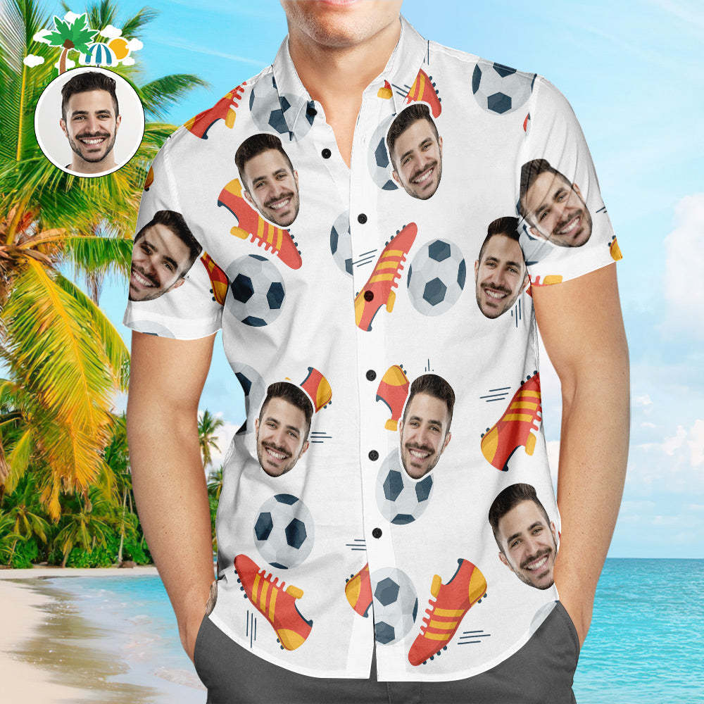 Custom Face Soccer Pattern Hawaiian Shirt Shoes Icon Beach Shirt for Soccer Lovers - MyFaceSwimsuit