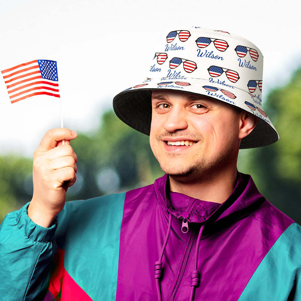 Custom Name Glasses Bucket Hat Personalized American Flag Fisherman Hat - MyFaceSwimsuit
