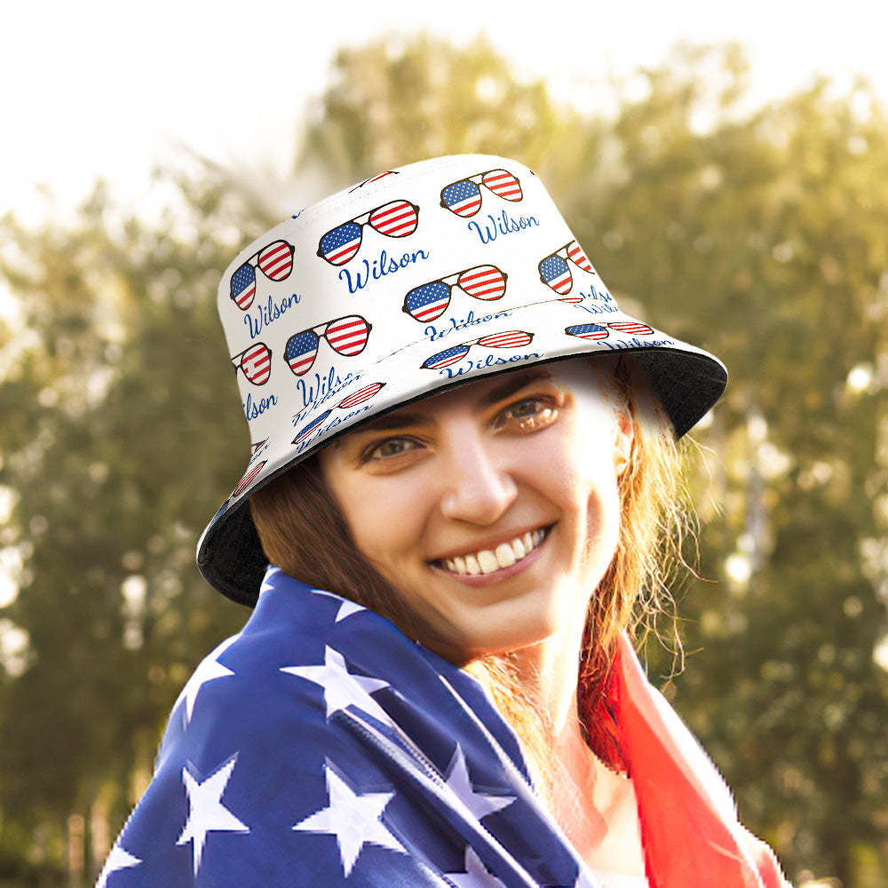 Custom Name Glasses Bucket Hat Personalized American Flag Fisherman Hat - MyFaceSwimsuit