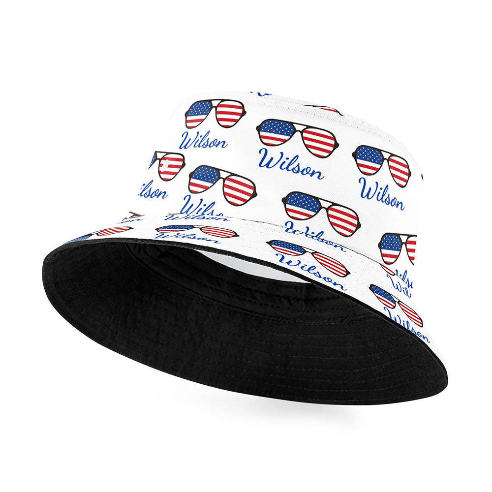 Custom Name Glasses Bucket Hat Personalized American Flag Fisherman Hat - MyFaceSwimsuit