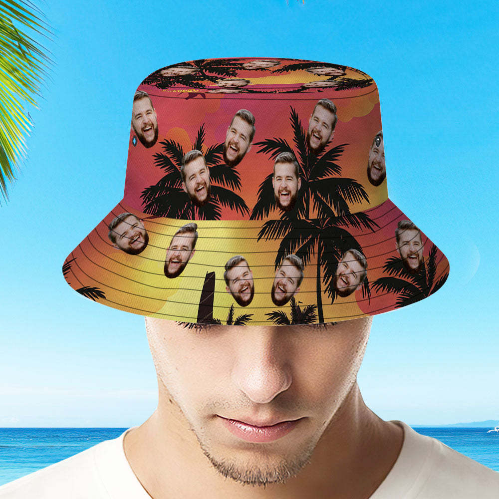 Custom Face Bucket Hat Personalized Sunset Coconut Tree Print Fisherman Hat - MyFaceSwimsuit