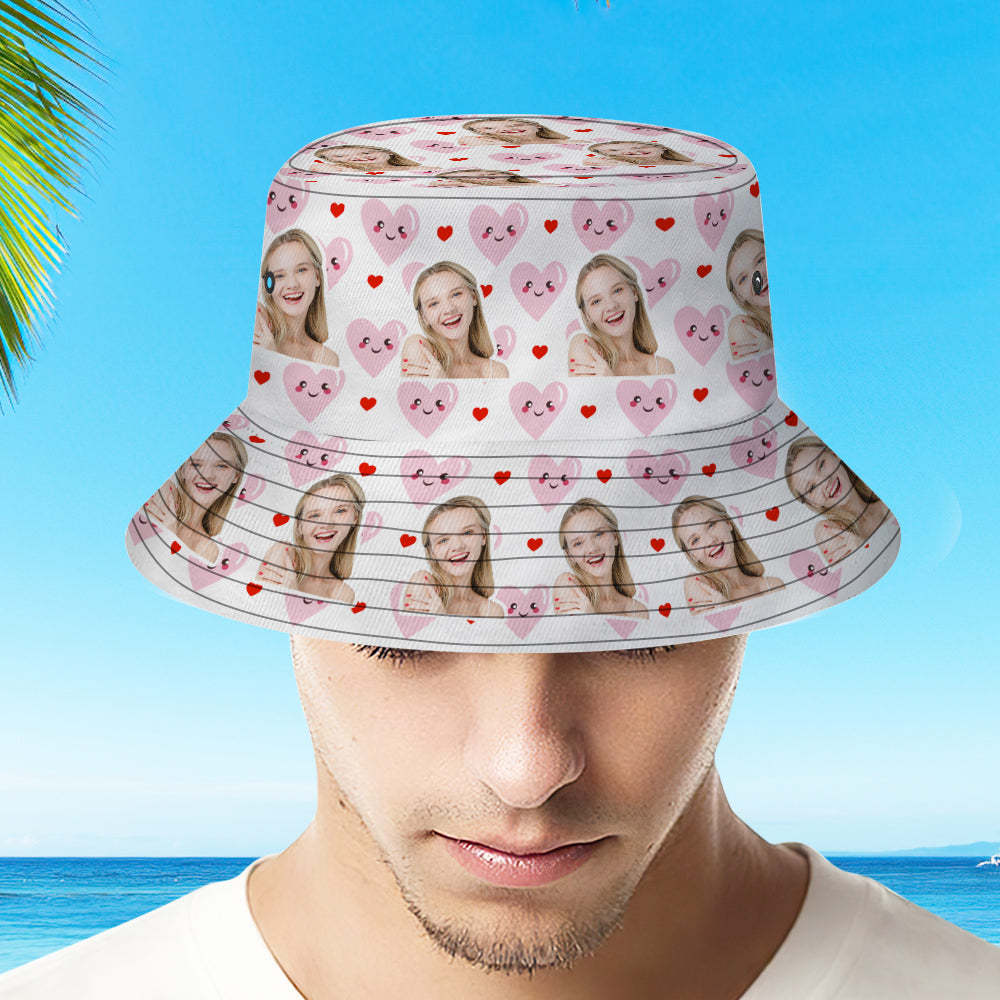 Custom Face Bucket Hat Unisex Fisherman Hat Pink Heart Summer Hat Creative Gift - MyFaceSwimsuit