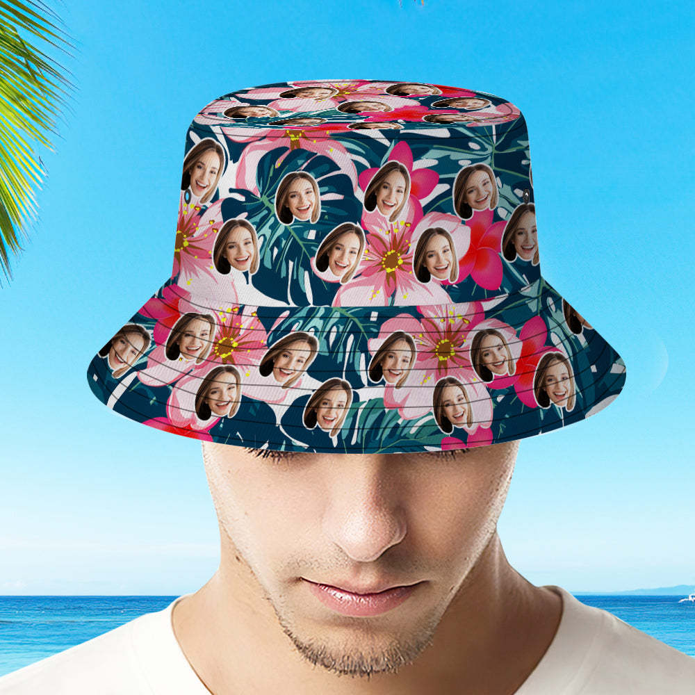 Custom Face Bucket Hat Unisex Fisherman Hat Gradient Pink Flowers Print Summer Hat - MyFaceSwimsuit