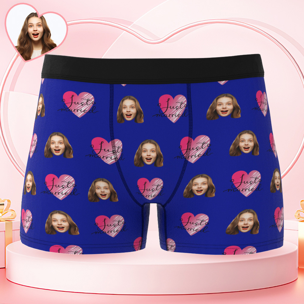 Personalized Face Underwear Custom Photo Underwear Just Married Boxers for Lover - MyFaceSwimSuit