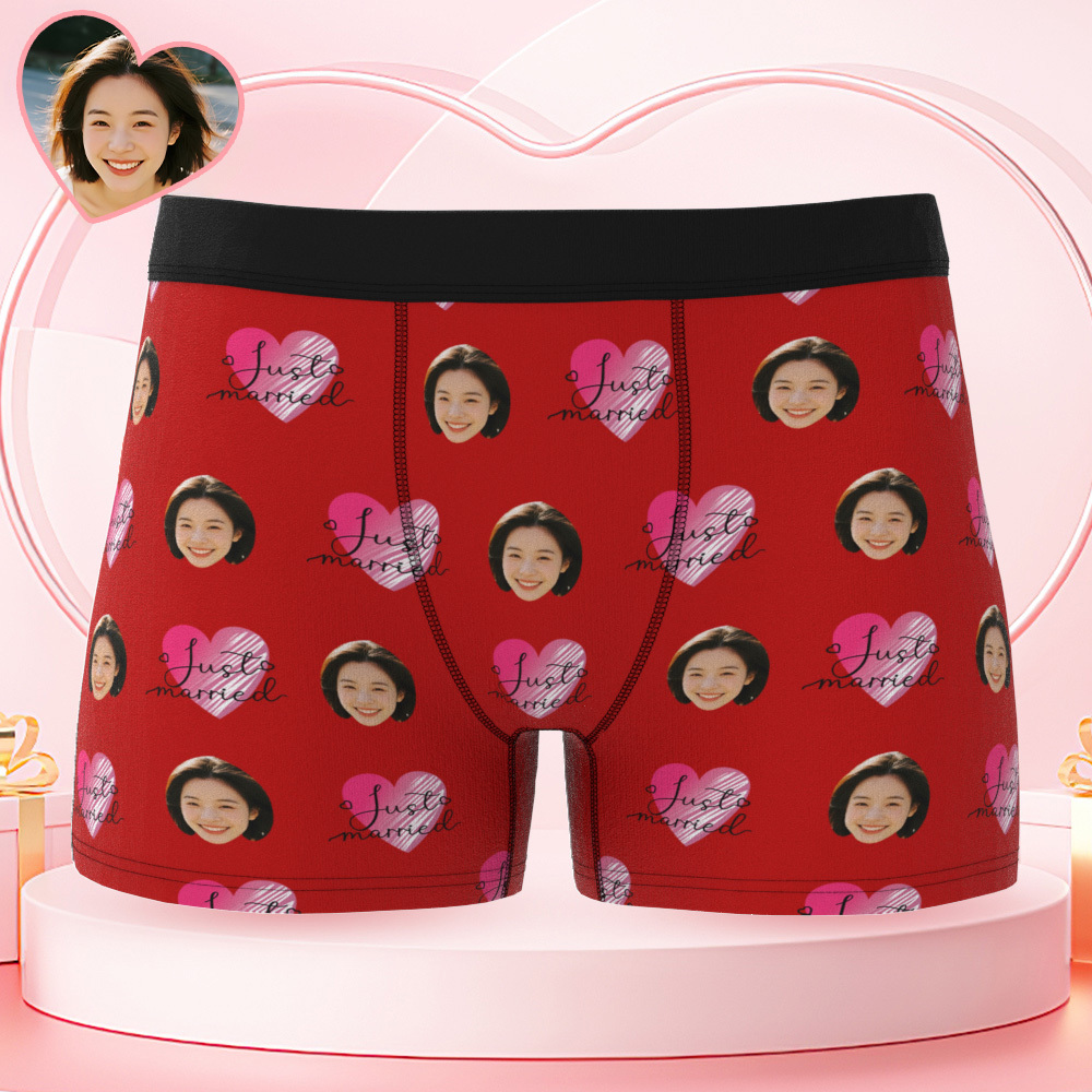 Personalized Face Underwear Custom Photo Underwear Just Married Boxers for Lover - MyFaceSwimSuit