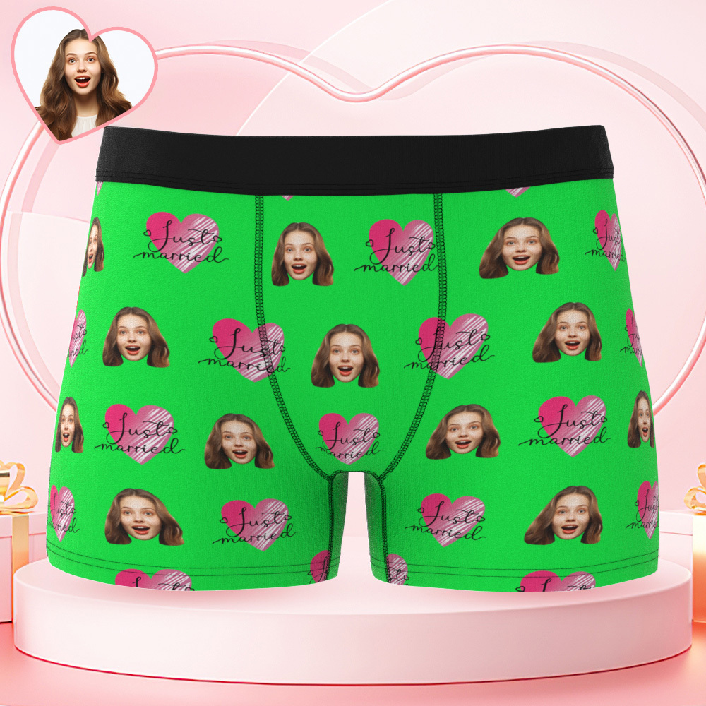 Personalized Face Underwear Custom Photo Underwear Just Married Boxers for Lover - MyFaceSwimSuit