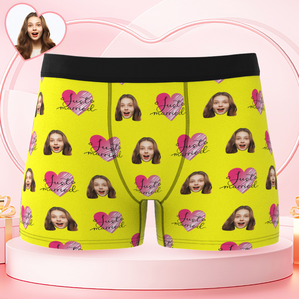 Personalized Face Underwear Custom Photo Underwear Just Married Boxers for Lover - MyFaceSwimSuit
