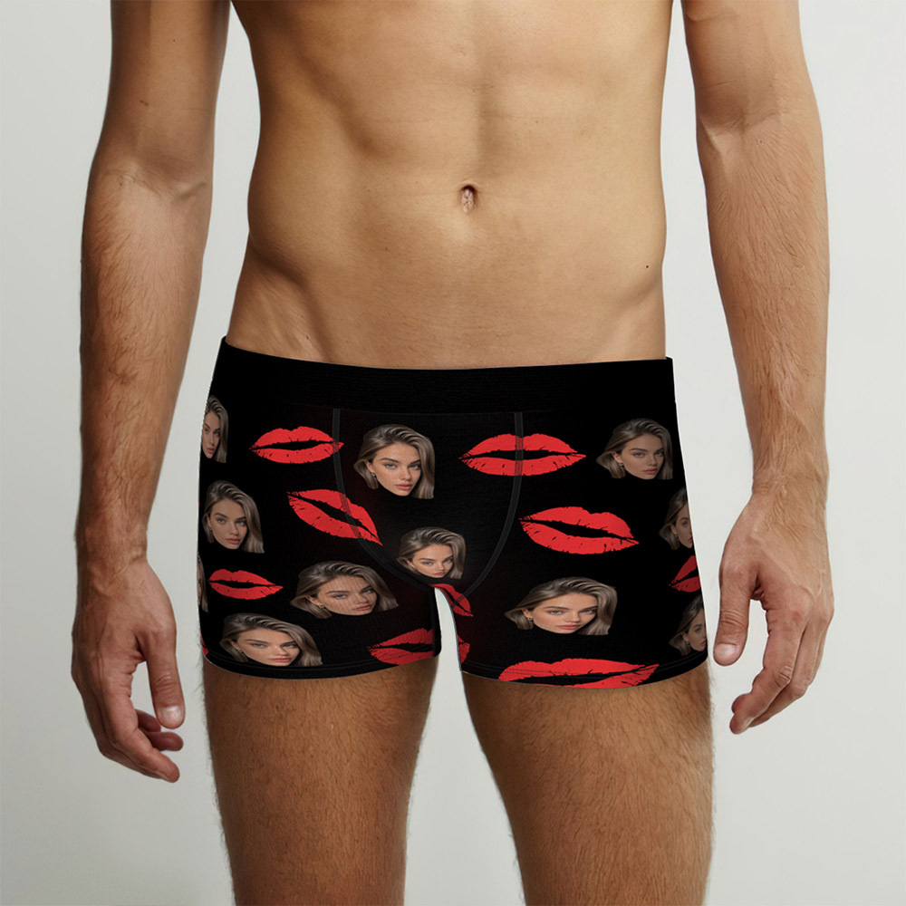 Custom Photo Underwear with Red Lips Personalized Sexy Gift for Couples Custom Photo Christmas Panties - MyFaceSwimSuit