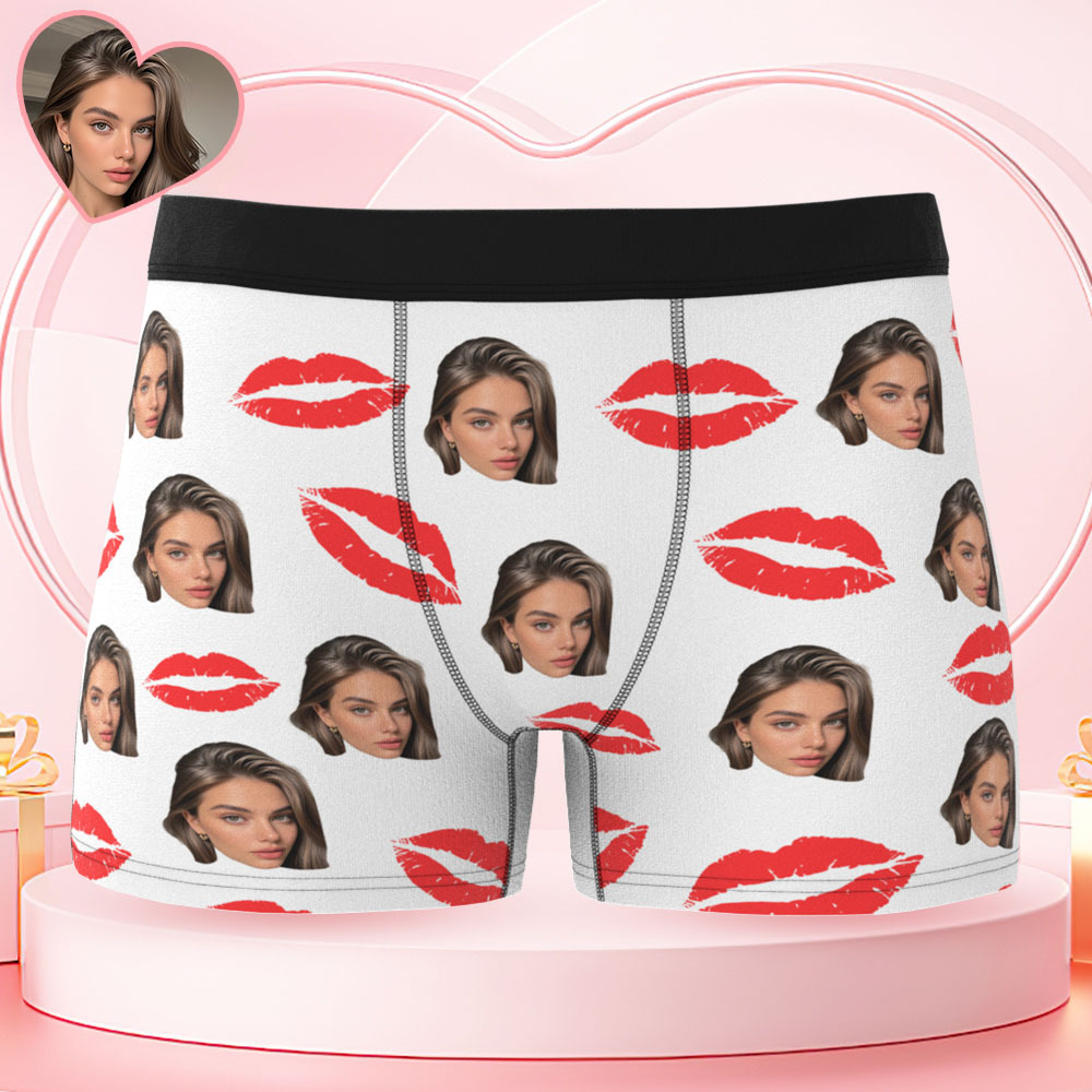 Custom Photo Underwear with Red Lips Personalized Sexy Gift for Couples Custom Photo Christmas Panties - MyFaceSwimSuit
