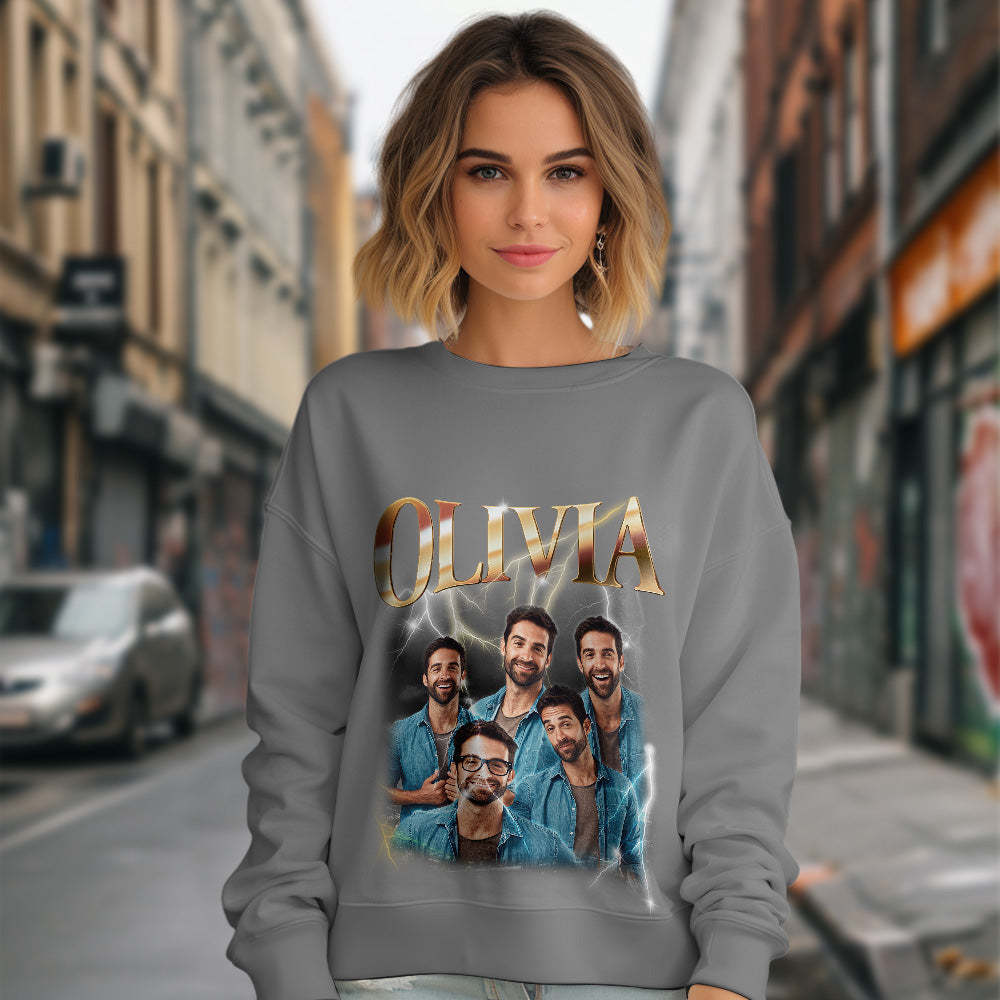 Custom Photo and Text Hoodie Personalized Photo Gift Unisex Personality Vintage Lightning Sweatshirt - MyFaceSwimsuit