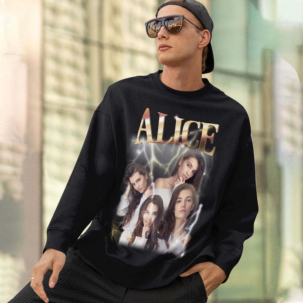 Custom Photo and Text Hoodie Personalized Photo Gift Unisex Personality Vintage Lightning Sweatshirt - MyFaceSwimsuit