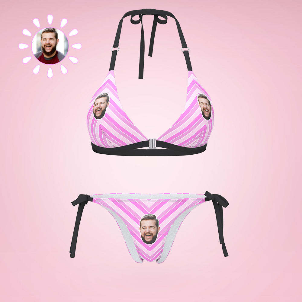 Custom Face Bikini Women's Sexy Back & Front Close Swimwear Colored Stripes Gift For Her - MyFaceSwimsuit
