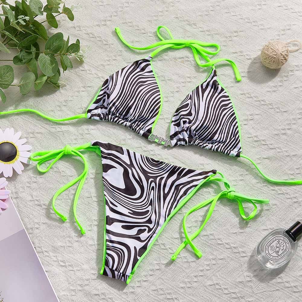 Custom Name Zebra Triangle Halter Bikini Sets Personalized Sexy DIY Crystal Letters Bikini - MyFaceSwimsuit