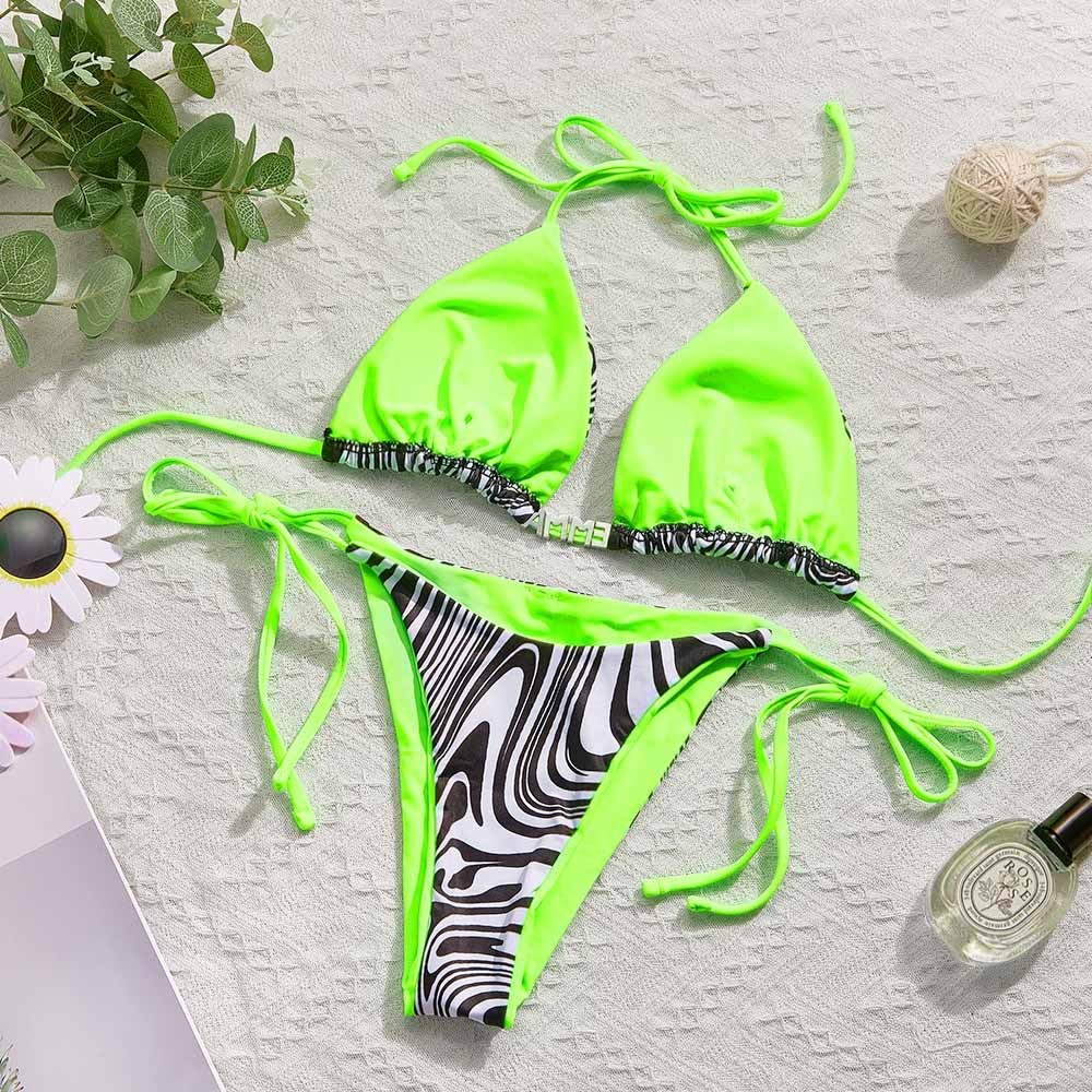 Custom Name Zebra Triangle Halter Bikini Sets Personalized Sexy DIY Crystal Letters Bikini - MyFaceSwimsuit