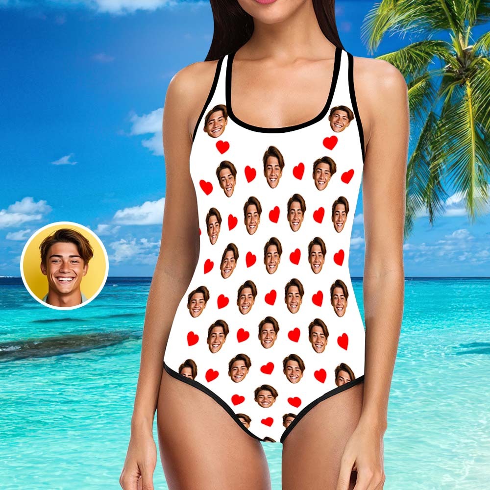 Custom Swimsuit with Picture Face Hearts Personalised Swimsuit Face Bathing Suit with Husbands Face