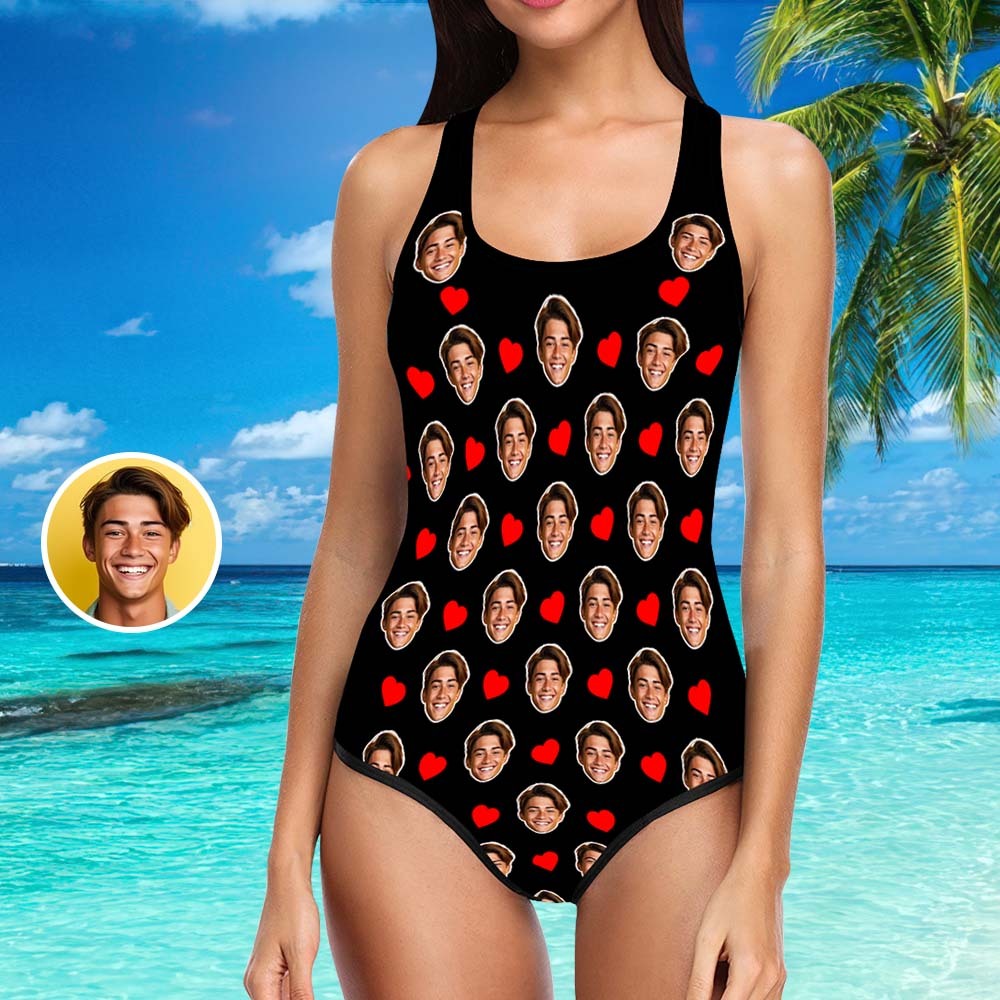 Custom Swimsuit with Picture Face Hearts Personalised Swimsuit Face Bathing Suit with Husbands Face