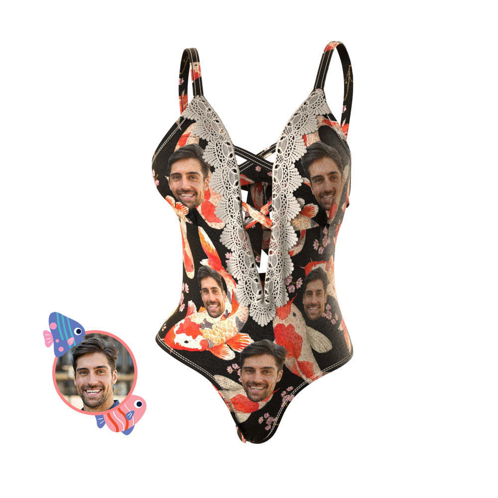 Custom One-piece Swimsuit Koi Fish Lace-up Swimsuit With Face - MyFaceSwimsuit