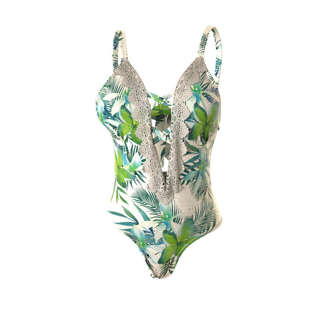 Custom Face One-piece Swimsuit Floral Lace-up Swimwear - MyFaceSwimsuit