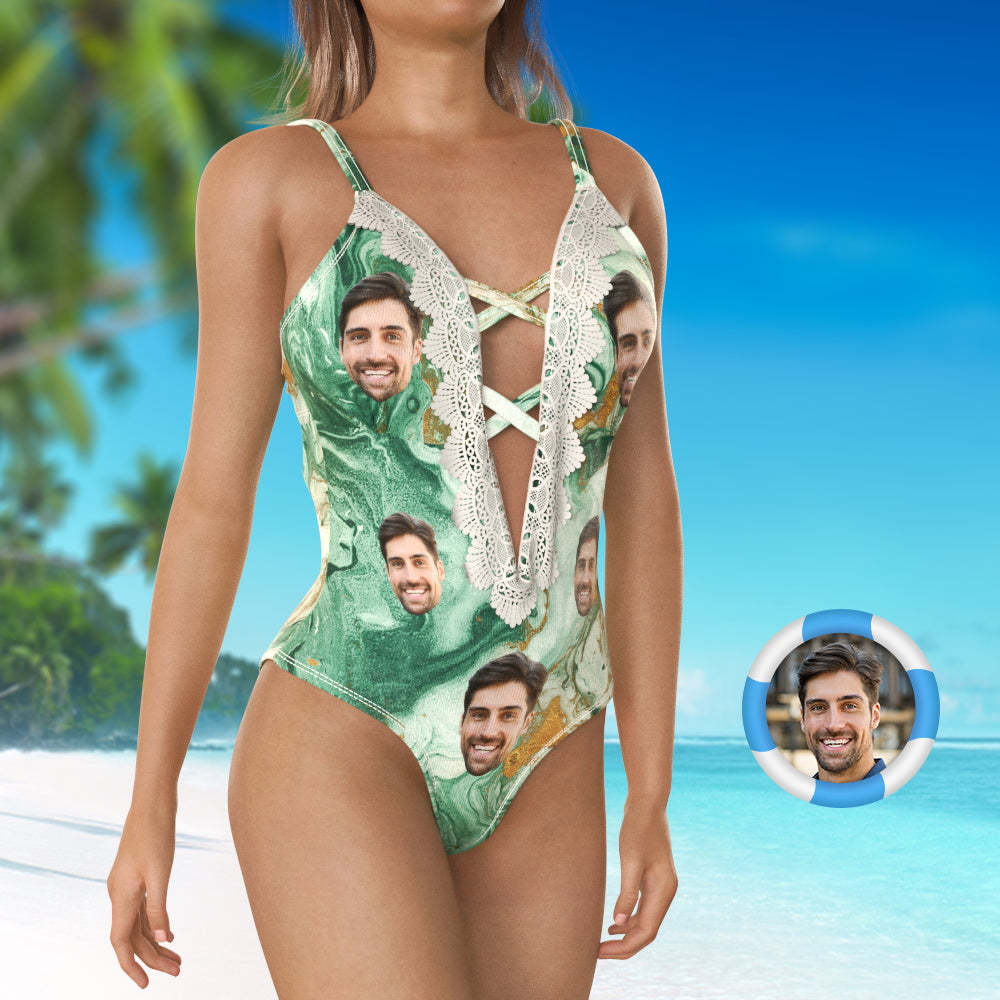 Marbling Custom One-piece Swimsuit Lace-up Swimwear for Beach Party - MyFaceSwimsuit