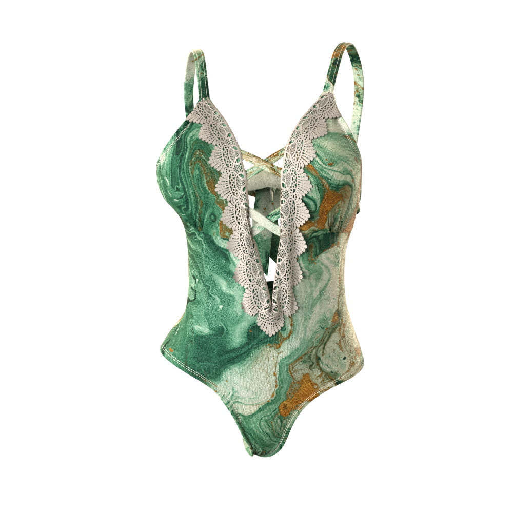 Marbling Custom One-piece Swimsuit Lace-up Swimwear for Beach Party - MyFaceSwimsuit