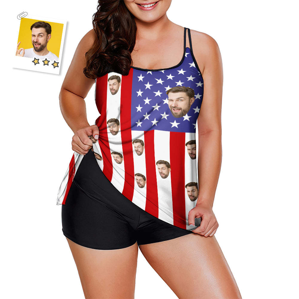 Custom Face Swimwear American Flag Tankini Bathing Suit for Women 2 Piece Swmsuit - MyFaceSwimsuit