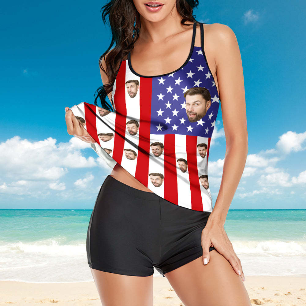 Custom Face Swimwear American Flag Tankini Bathing Suit for Women 2 Piece Swmsuit - MyFaceSwimsuit