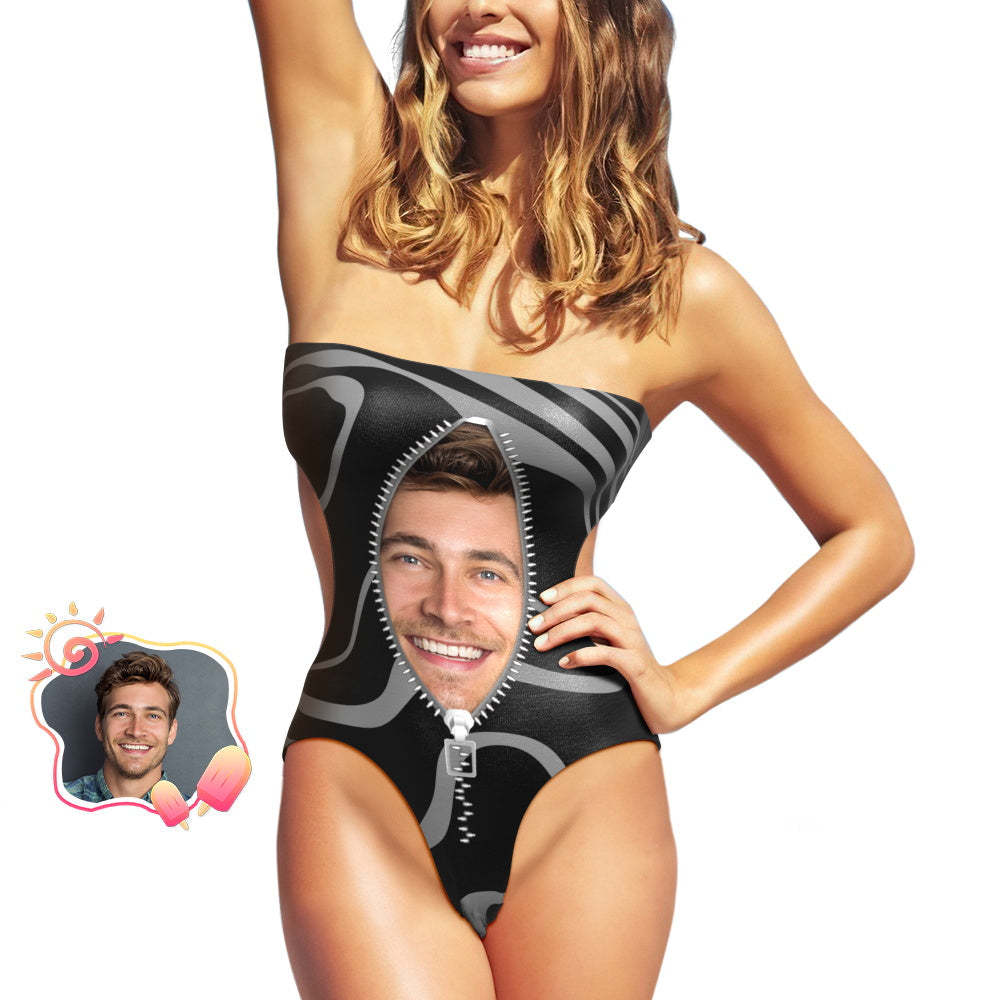 Custom Face Strapless Swimsuit Personalized Zipper Photo Side Cut Out Swimsuit - MyFaceSwimsuit
