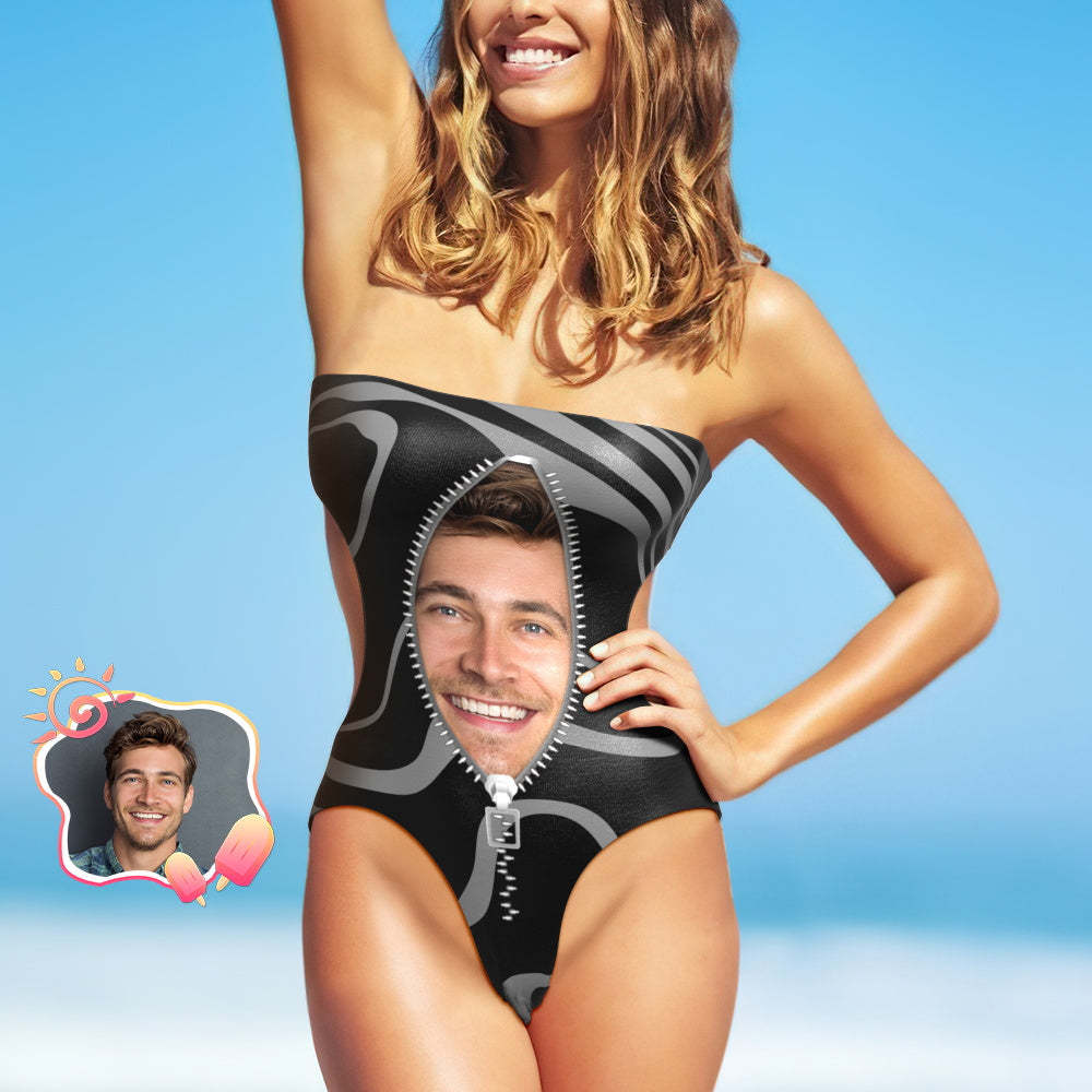 Custom Face Strapless Swimsuit Personalized Zipper Photo Side Cut Out Swimsuit - MyFaceSwimsuit